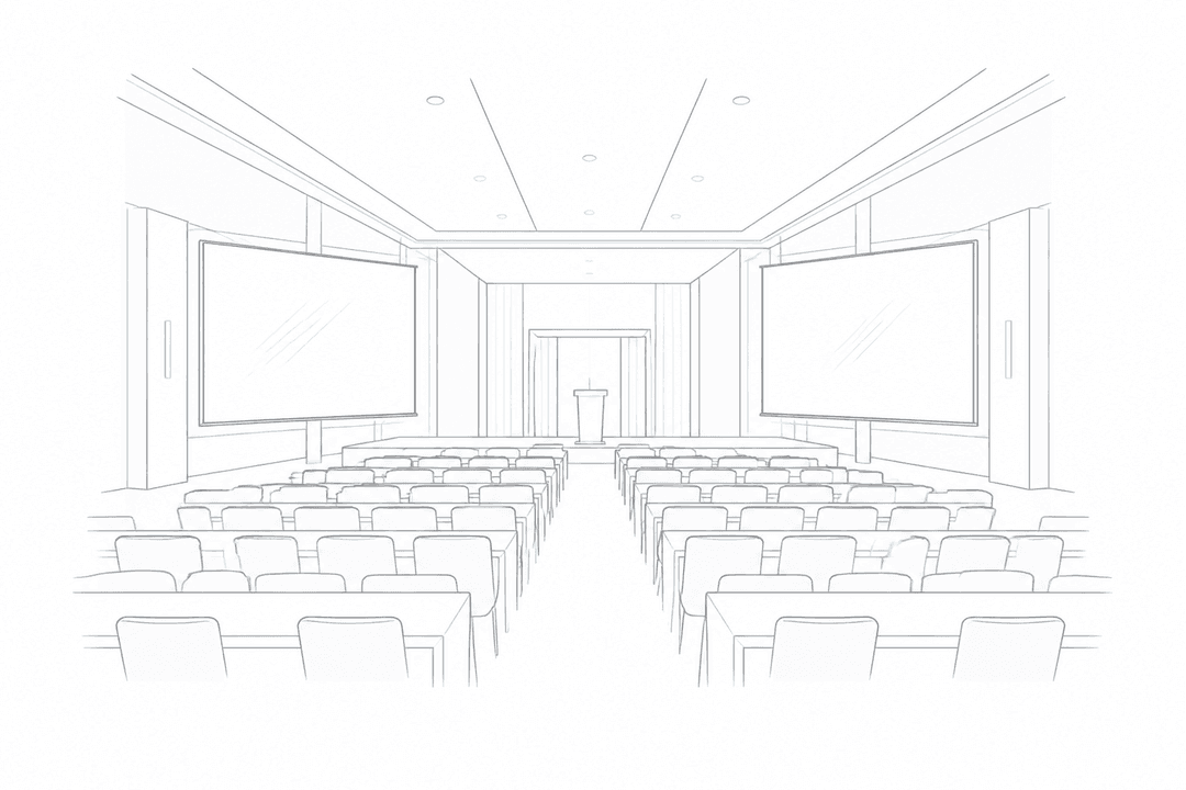 Architectural sketch of a ballroom with dual projection screens
