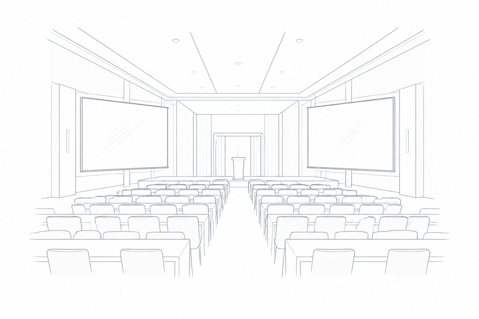 Architectural sketch of a ballroom with dual projection screens